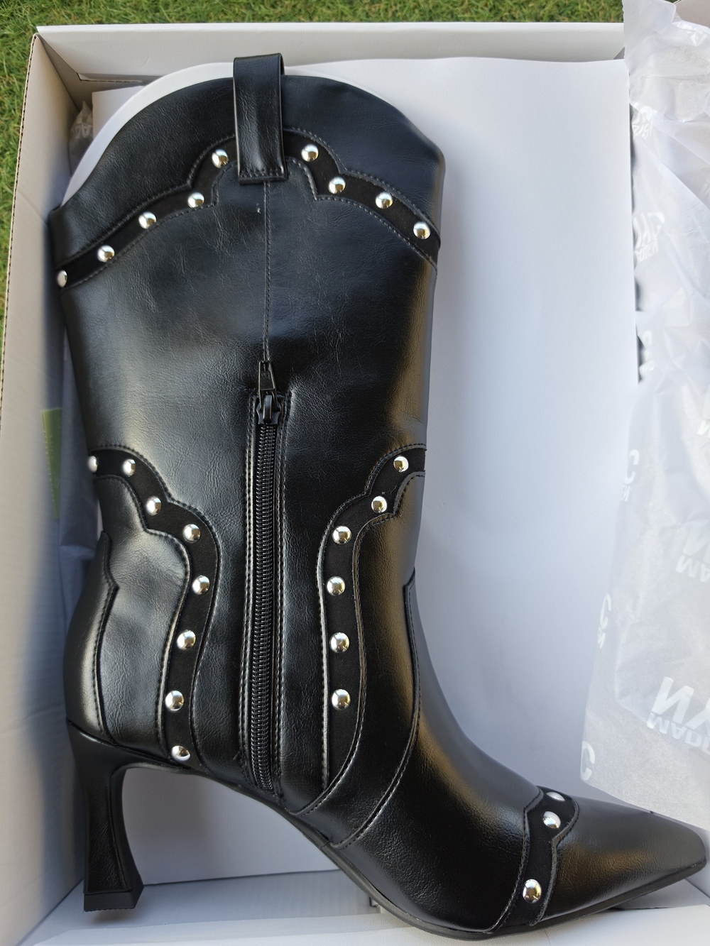 Women's Black Studded Mid-Calf Heeled Boots